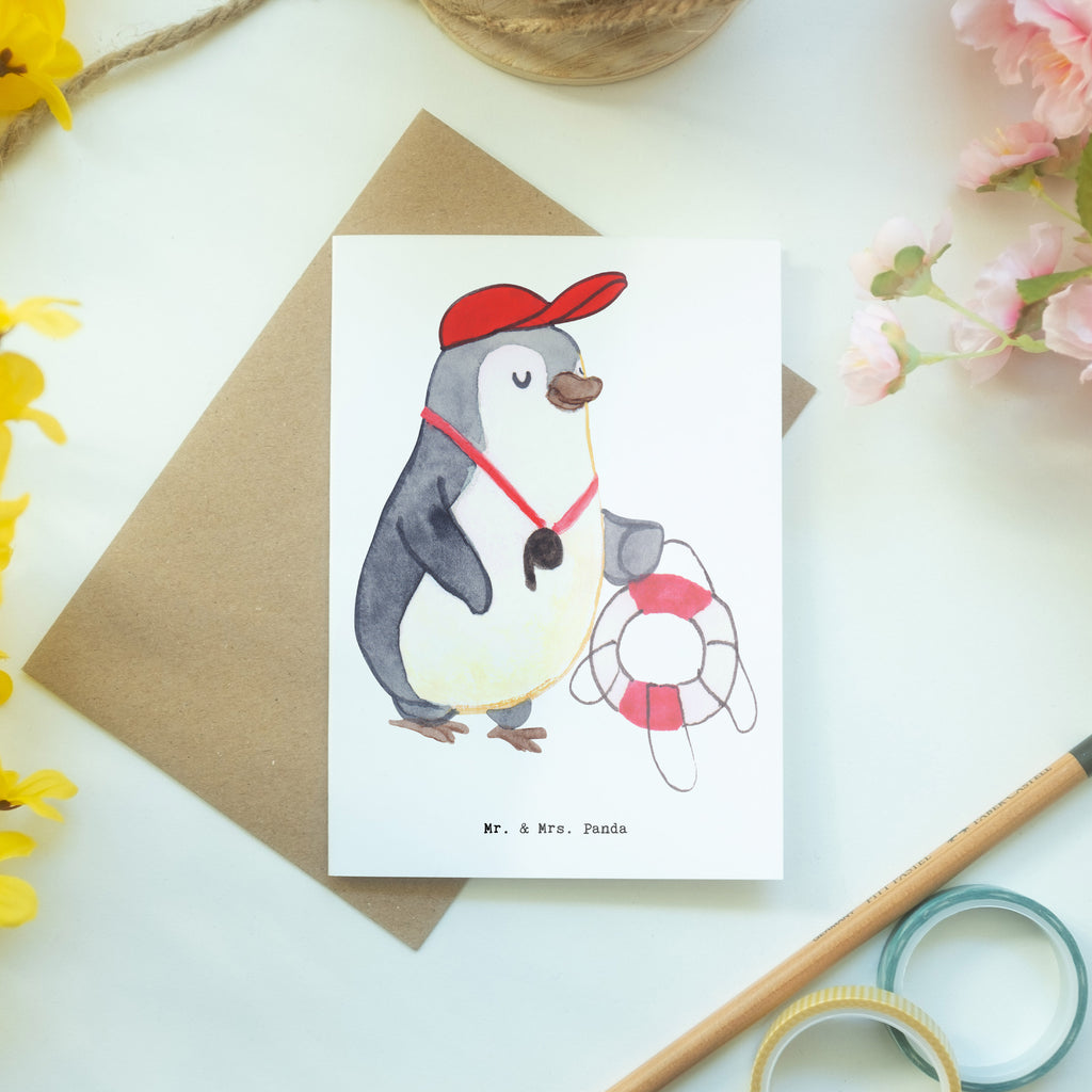 Grußkarte Bademeister mit Herz Grußkarte, Geburtstagskarte, Einladungskarte, Glückwunschkarte, Klappkarte, Ansichtskarten, Hochzeitskarte, Karte, Beruf, Ausbildung, Jubiläum, Abschied, Rente, Kollege, Kollegin, Geschenk, Schenken, Arbeitskollege, Mitarbeiter, Firma, Danke, Dankeschön, Bademeister, Schwimmmeister, Schwimmbad, Schwimmverein, Rettungsschwimmer, Freibad, Badeanstalt, Schwimmschule