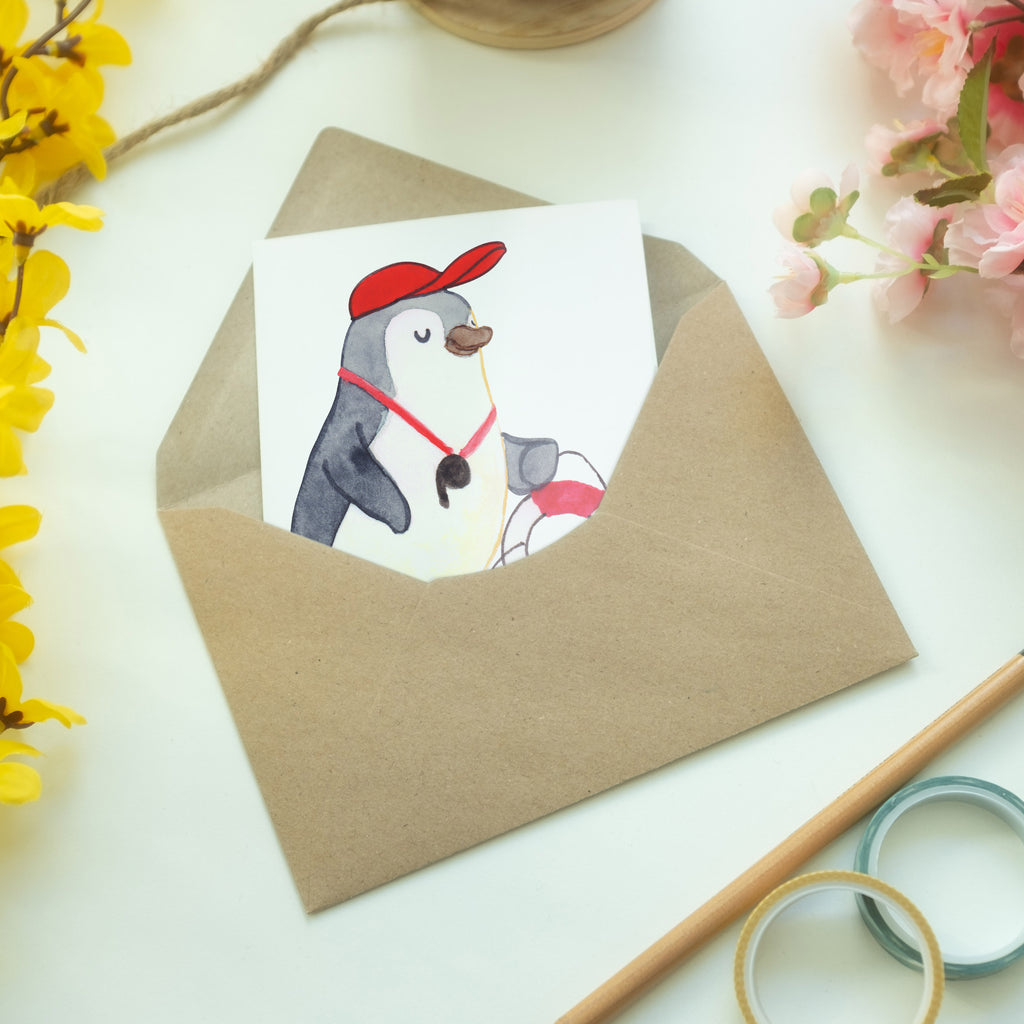 Grußkarte Bademeister mit Herz Grußkarte, Geburtstagskarte, Einladungskarte, Glückwunschkarte, Klappkarte, Ansichtskarten, Hochzeitskarte, Karte, Beruf, Ausbildung, Jubiläum, Abschied, Rente, Kollege, Kollegin, Geschenk, Schenken, Arbeitskollege, Mitarbeiter, Firma, Danke, Dankeschön, Bademeister, Schwimmmeister, Schwimmbad, Schwimmverein, Rettungsschwimmer, Freibad, Badeanstalt, Schwimmschule