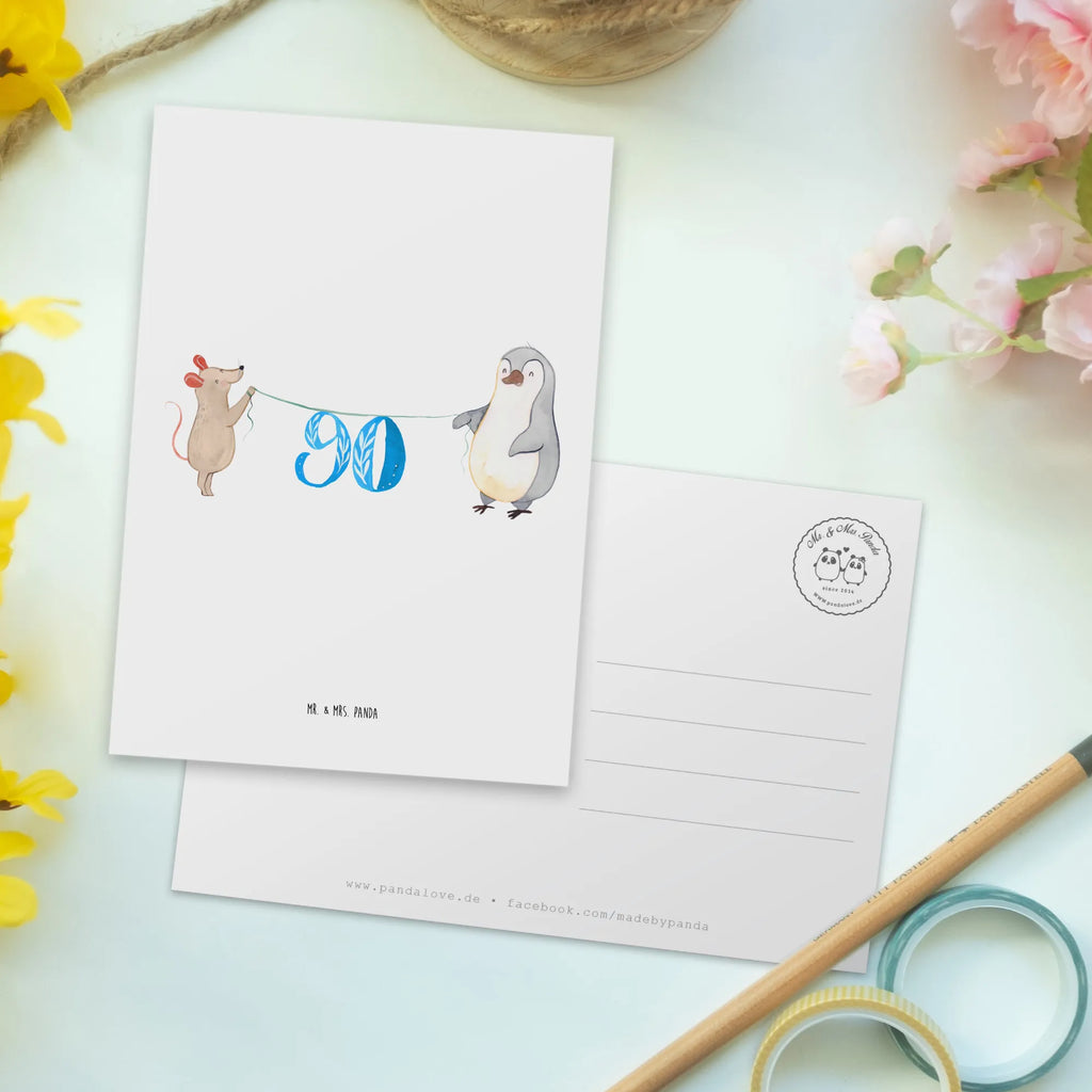 Postkarte 90. Geburtstag Maus Pinguin Karte, Einladungskarte, Postkarte, Ansichtskarte, Ansichtskarten, Einladungskarten Geburtstag, Geburtstagskarte, Grußkarte, Einladung Geburtstag, Geschenkkarte, Einladung, Dankeskarte, Geburtstag, Geburtstagsgeschenk, Geschenk, Feiern, Party, Torte, Kuchen