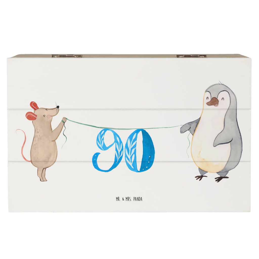 Skrzynia drewniana 90. urodziny mysz pingwin Schatulle, Truhe, Geschenkdose, XXL, Kiste, Aufbewahrungsbox, Erinnerungskiste, Geschenkbox, Schatzkiste, Dekokiste, Erinnerungsbox, Holzkiste, Geburtstag, Geburtstagsgeschenk, Geschenk, Kuchen, Party, Torte, Feiern