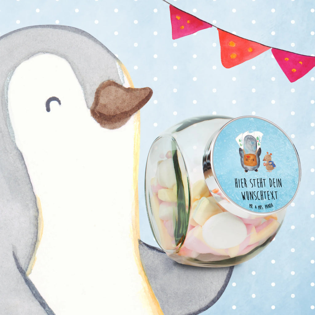 Personalized Candy Jar Penguin & Mouse Hiker Penguin, North Pole, Winter, Penguins, adventurer, excursion, road trip, penguins, penguin, adventure, wanderlust, hiking