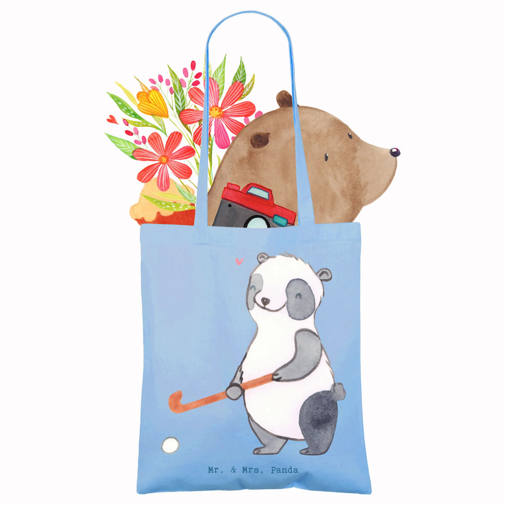 Tragetasche Panda Hockey spielen Beutel, Tasche, Jutetasche, Umhängetasche, Stoffbeutel, Strandtasche, Einkaufstüte, Beuteltasche, Einkaufstasche, Laptoptasche, Badetasche, Shopper, Stofftasche, Jutebeutel, Tragetasche, Schultertasche, Geschenk, Sport, Sportart, Hobby, Schenken, Danke, Dankeschön, Auszeichnung, Gewinn, Sportler, Feldhockey, Hockey spielen, Hockey Verein, Hockeyschläger