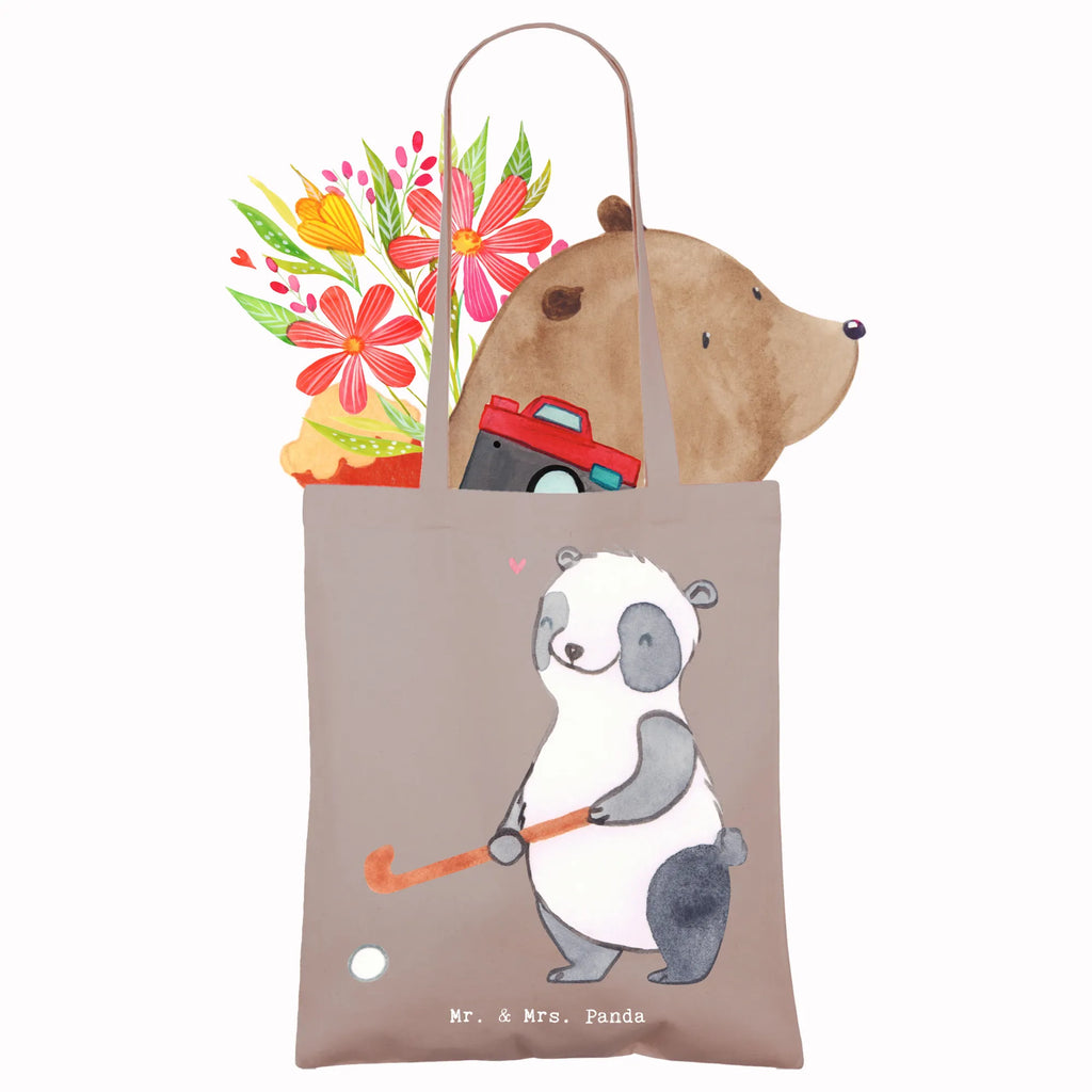 Tragetasche Panda Hockey spielen Beutel, Tasche, Jutetasche, Umhängetasche, Stoffbeutel, Strandtasche, Einkaufstüte, Beuteltasche, Einkaufstasche, Laptoptasche, Badetasche, Shopper, Stofftasche, Jutebeutel, Tragetasche, Schultertasche, Geschenk, Sport, Sportart, Hobby, Schenken, Danke, Dankeschön, Auszeichnung, Gewinn, Sportler, Feldhockey, Hockey spielen, Hockey Verein, Hockeyschläger