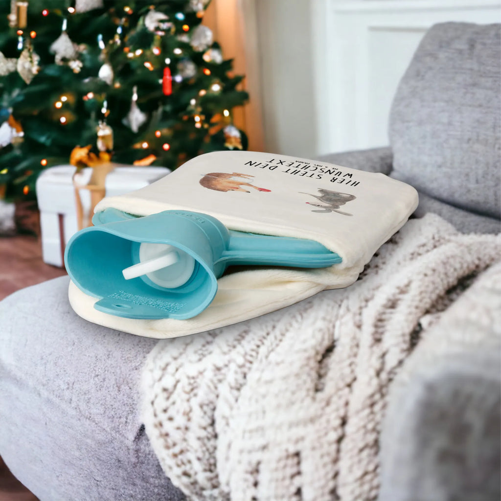 Personalised hot water bottle Hare Hedgehog small animals, cute, funny, cute animal motives, hand drawn, small world, funny sayings, good mood, happy, gifts, gift ideas, special gifts, animal lover, card, romantic saying, heartache, lovesickness gift, love saying, hare, Hedgehog and hare, Hedgehog, consolation, pain of separation