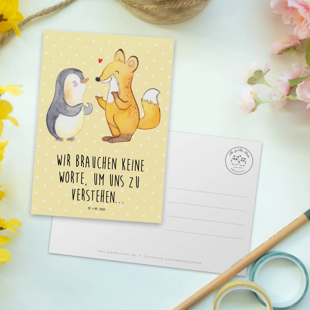 Postkarte Fuchs & Pinguin gehörlos Einladung Geburtstag, Geschenkkarte, Grußkarte, Karte, Ansichtskarte, Postkarte, Ansichtskarten, Einladungskarten Geburtstag, Geburtstagskarte, Einladung, Einladungskarte, Dankeskarte, Gebärdensprache, gehörlos, Fuchs, Pinguin