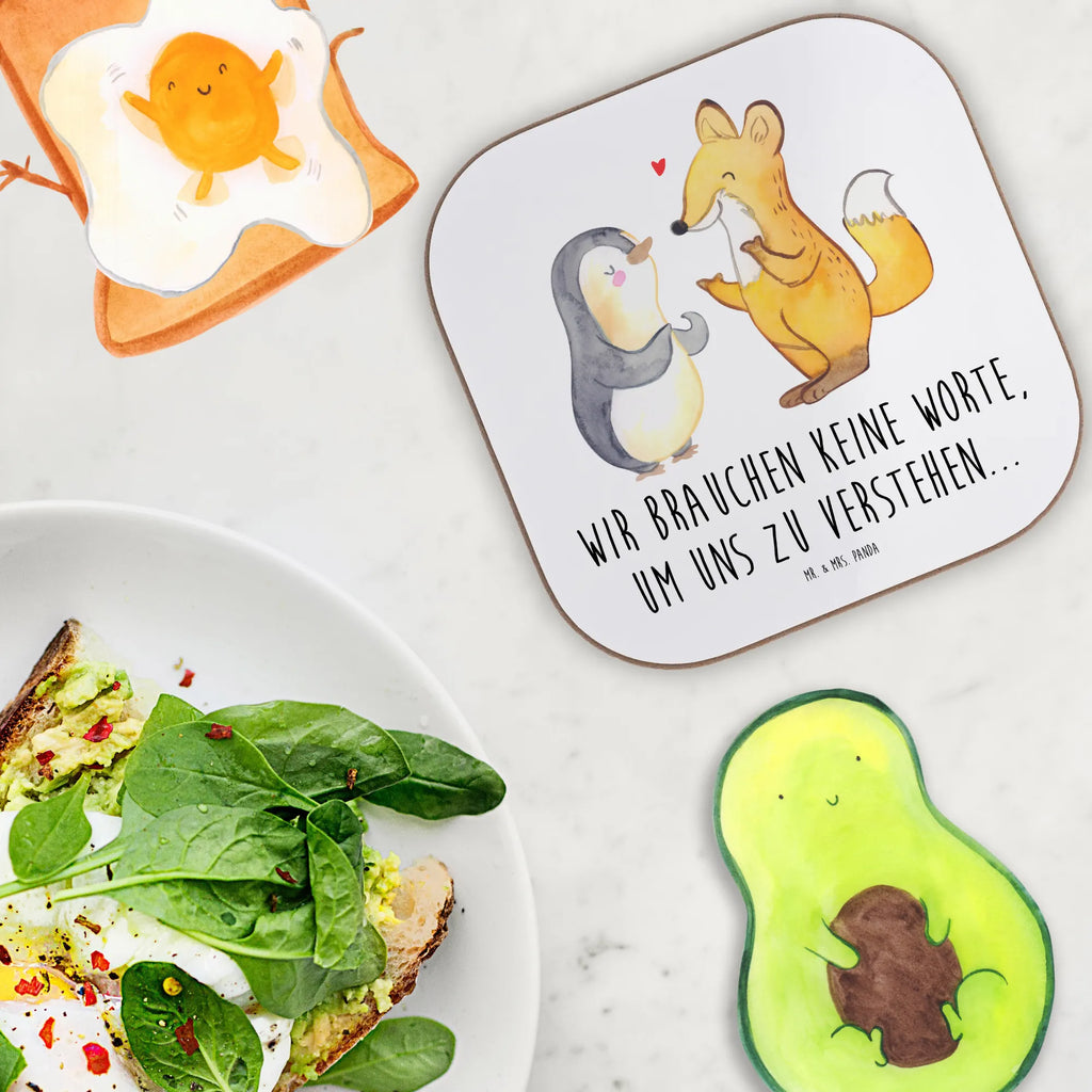 Square coaster Fox & Penguin deaf gift, presents, breakfast, party, Coasters, gifts, glass coasters
