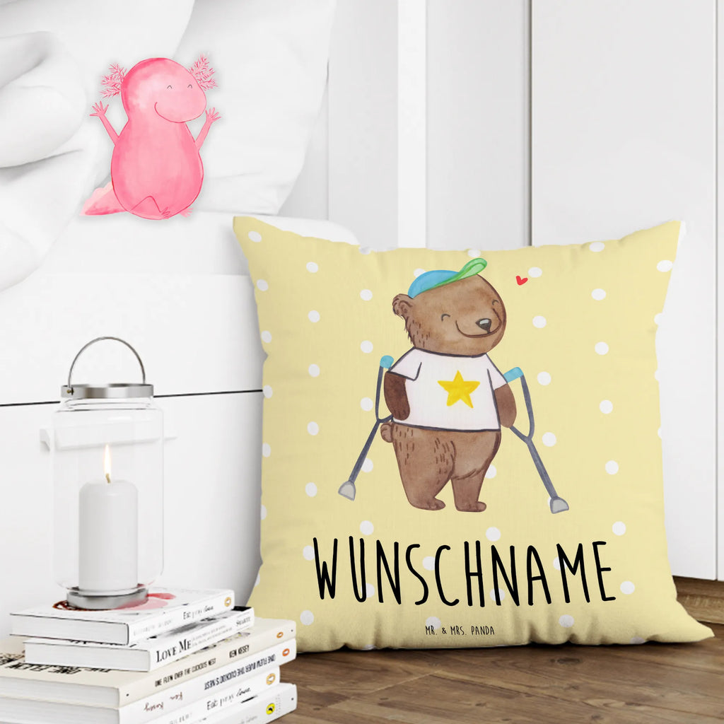 Personalisiertes Kissen Bär Gehhilfen bedrucken, Kissen, Wunschname, personalisiert, Name, Kopfkissen, Krücken, Bär, Gehhilfe