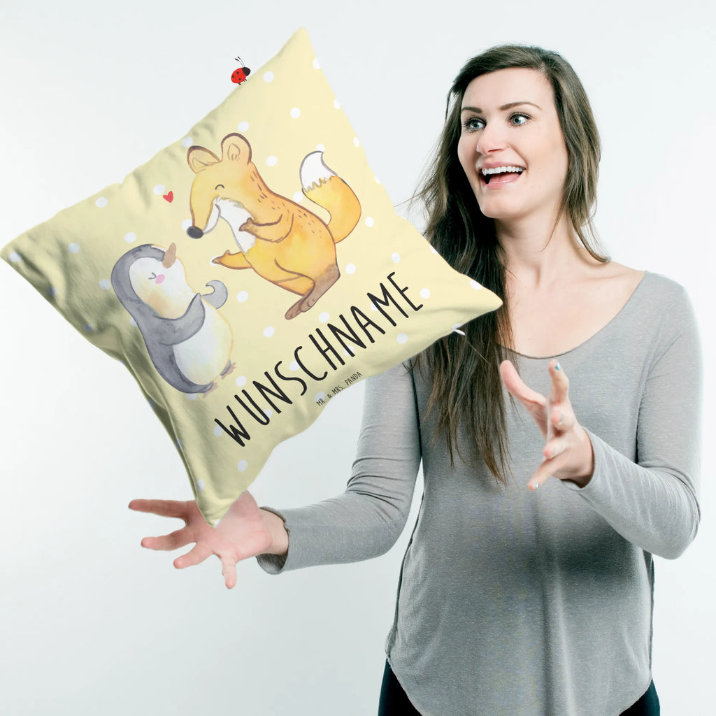 Personalisiertes Kissen Fuchs & Pinguin gehörlos bedrucken, Wunschname, Kissen, personalisiert, Kopfkissen, Name, Fuchs, Gebärdensprache, Pinguin, gehörlos
