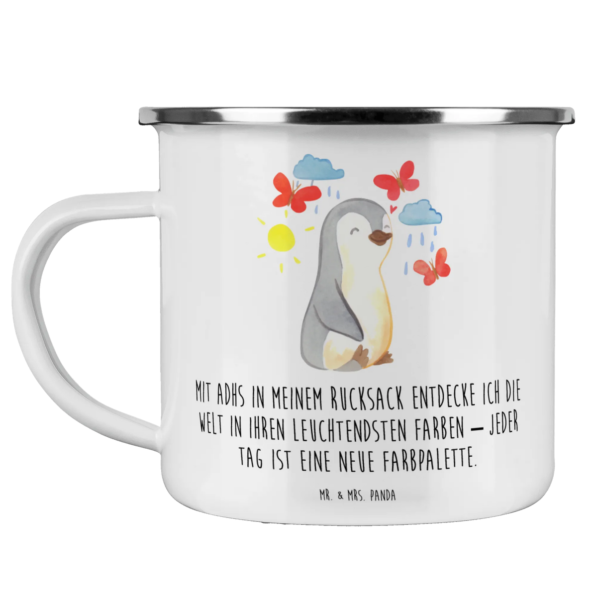 Kempingowy kubek emaliowany Pingwin ADHD wandertasse, Blechtasse, Outdoor Becher, Kaffeepott, Pott, Motivtasse, outdoortasse, Campingtasse, Reisebecher, Teetasse, Teebecher, emaillebecher, Emaille Becher, metallbecher, reisetasse, Emailletasse, becher emaille, wanderbecher, blechbecher, Outdoor Tasse, Emaille Tasse, Campingbecher, Haferl, Tasse Emaille, Aufmerksamkeitsdefizitsyndrom, ADHS, Verhaltensstörung, Pinguin, Hyperaktivitätsstörung