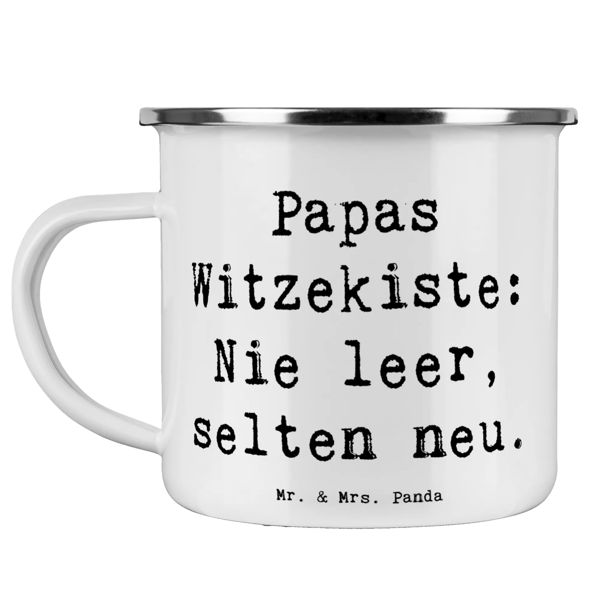 Enamel camping mug Saying Papas Witzekiste: Nie leer, selten neu. Emaille Becher, metallbecher, Reisebecher, becher emaille, Kaffeepott, wanderbecher, wandertasse, Campingtasse, Motivtasse, outdoortasse, Emaille Tasse, Teebecher, Teetasse, Outdoor Becher, Tasse Emaille, Campingbecher, Pott, reisetasse, Outdoor Tasse, Blechtasse, emaillebecher, Haferl, blechbecher, Emailletasse, Muttertag, Vatertag, Mama, Papa, Oma, Opa, Familie, Schwester, Bruder