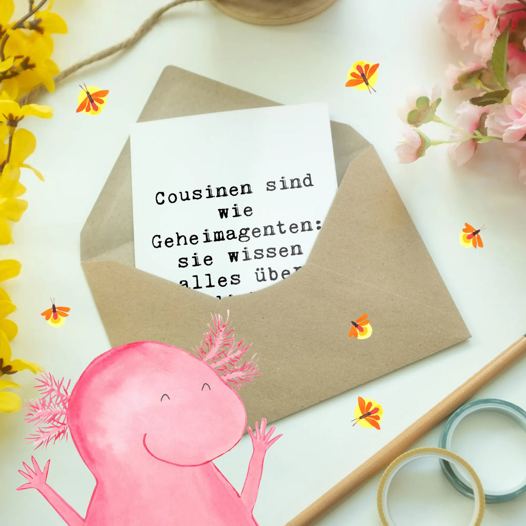Greetings card Saying Cousinen sind wie Geheimagenten: sie wissen alles über dich! Grußkarte, Klappkarte, Einladungskarte, Glückwunschkarte, Hochzeitskarte, Geburtstagskarte, Karte, Ansichtskarten, Familie, Vatertag, Muttertag, Bruder, Schwester, Mama, Papa, Oma, Opa