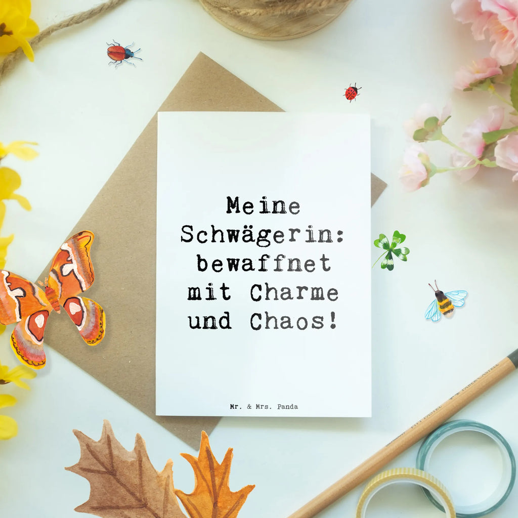 Greetings card Saying Meine Schwägerin: bewaffnet mit Charme und Chaos! Grußkarte, Klappkarte, Einladungskarte, Glückwunschkarte, Hochzeitskarte, Geburtstagskarte, Karte, Ansichtskarten, Familie, Vatertag, Muttertag, Bruder, Schwester, Mama, Papa, Oma, Opa