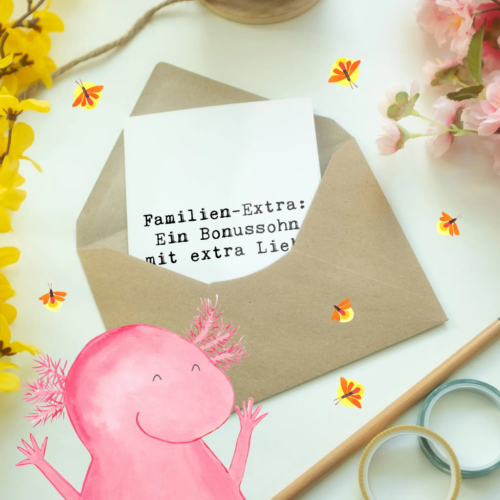 Greetings card Saying Familien-Extra: Ein Bonussohn mit extra Liebe Grußkarte, Klappkarte, Einladungskarte, Glückwunschkarte, Hochzeitskarte, Geburtstagskarte, Karte, Ansichtskarten, Familie, Vatertag, Muttertag, Bruder, Schwester, Mama, Papa, Oma, Opa