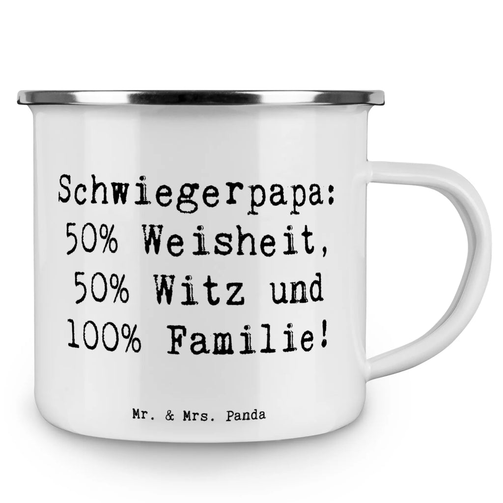 Enamel camping mug Saying Schwiegerpapa: 50% Weisheit, 50% Witz und 100% Familie! wandertasse, Tasse, blechbecher, wanderbecher, Tasse Emaille, becher emaille, Teebecher, Pott, Trinkbecher, Campingbecher, Emaille Becher, metallbecher, reisetasse, Kaffeetasse, Blechtasse, Reisebecher, Becher, Teetasse, Emaille Tasse, emaillebecher, Kaffeebecher, Campingtasse, Emailletasse, Metalltasse, Muttertag, Vatertag, Mama, Papa, Oma, Opa, Familie, Schwester, Bruder