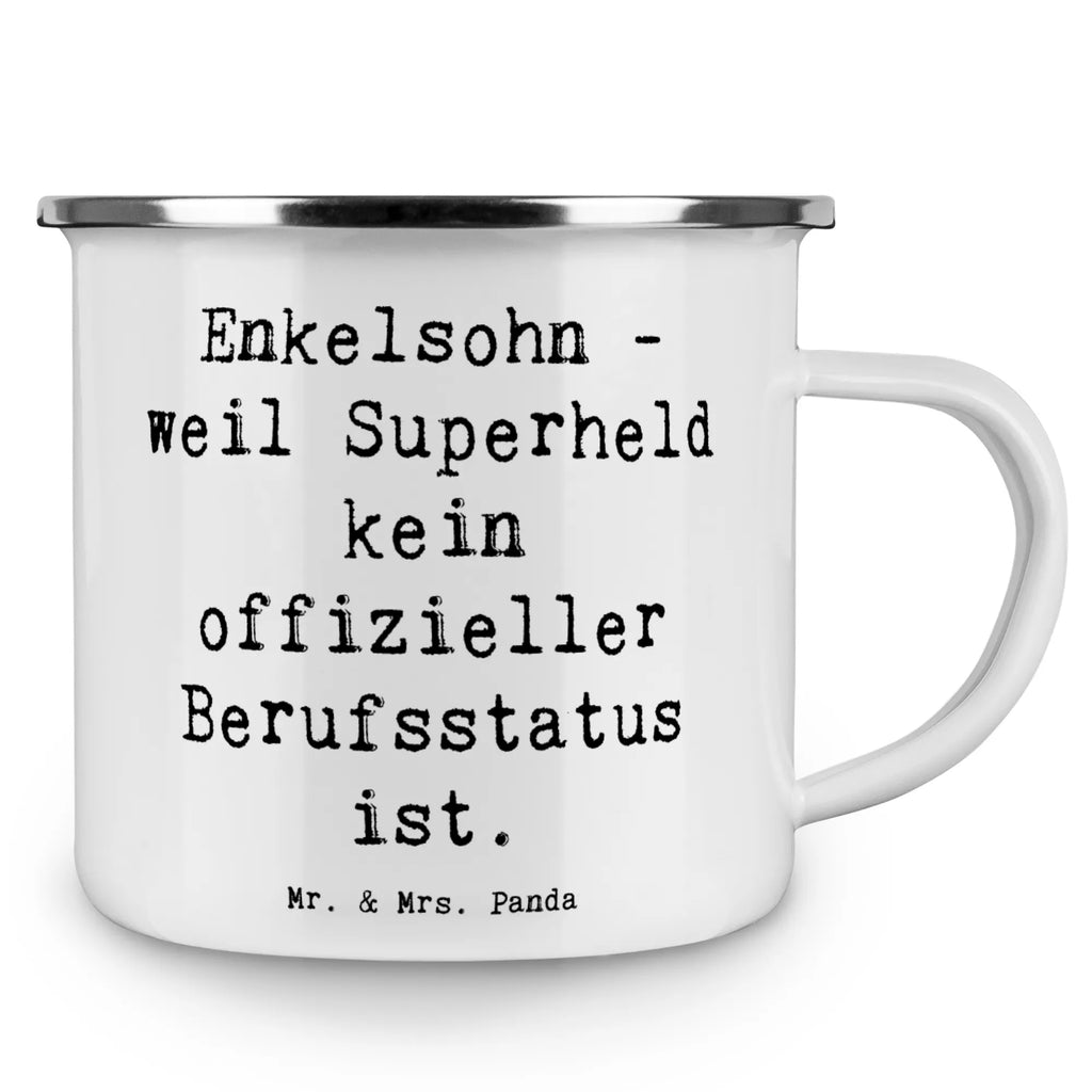 Enamel camping mug Saying Enkelsohn - weil Superheld kein offizieller Berufsstatus ist. Campingtasse, Kaffeetasse, Metalltasse, Emaille Becher, Kaffeebecher, Emailletasse, Tasse, reisetasse, wandertasse, emaillebecher, wanderbecher, Trinkbecher, Tasse Emaille, blechbecher, Campingbecher, Becher, metallbecher, Teebecher, Reisebecher, becher emaille, Blechtasse, Pott, Teetasse, Emaille Tasse, Muttertag, Vatertag, Mama, Papa, Oma, Opa, Familie, Schwester, Bruder