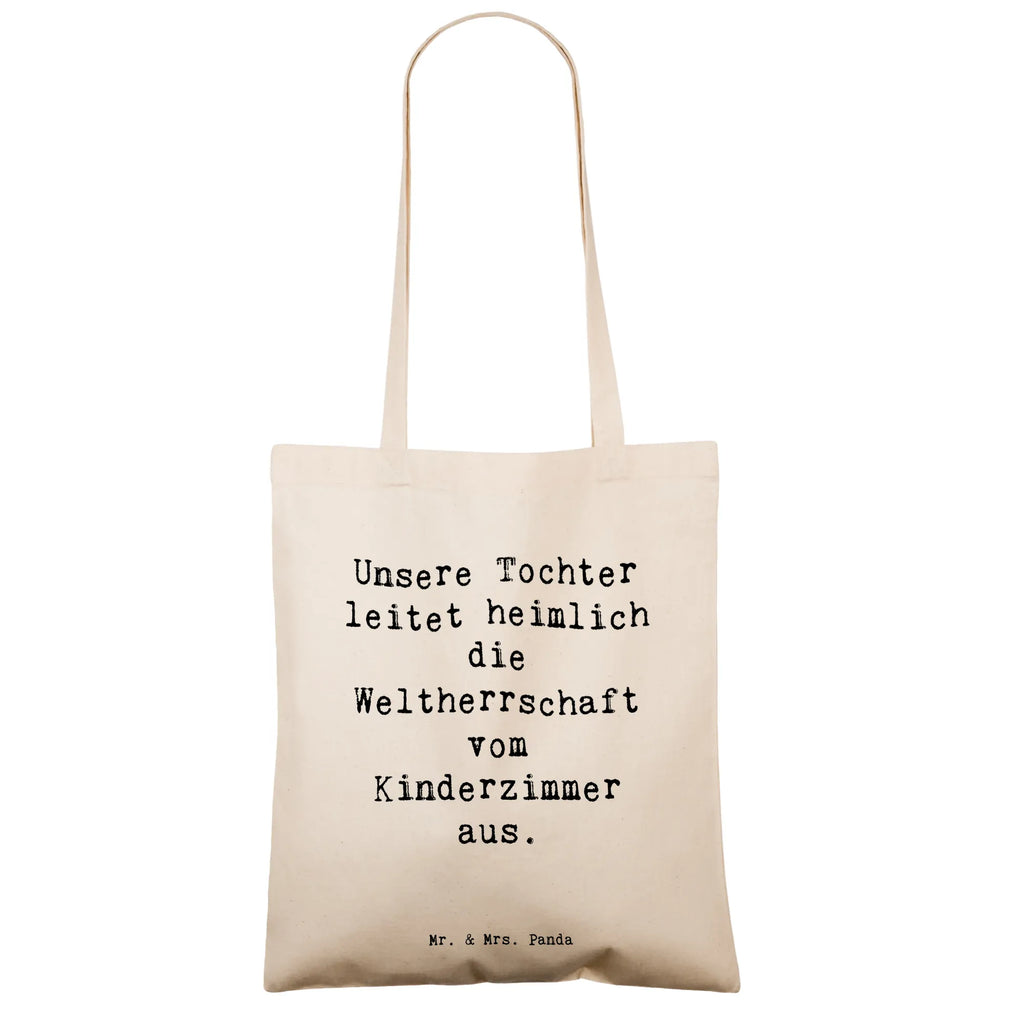 Tote bag Saying Unsere Tochter leitet heimlich die Weltherrschaft vom Kinderzimmer aus. Beuteltasche, Beutel, Einkaufstasche, Jutebeutel, Stoffbeutel, Tasche, Shopper, Umhängetasche, Strandtasche, Schultertasche, Stofftasche, Tragetasche, Badetasche, Jutetasche, Einkaufstüte, Laptoptasche, Familie, Vatertag, Muttertag, Bruder, Schwester, Mama, Papa, Oma, Opa