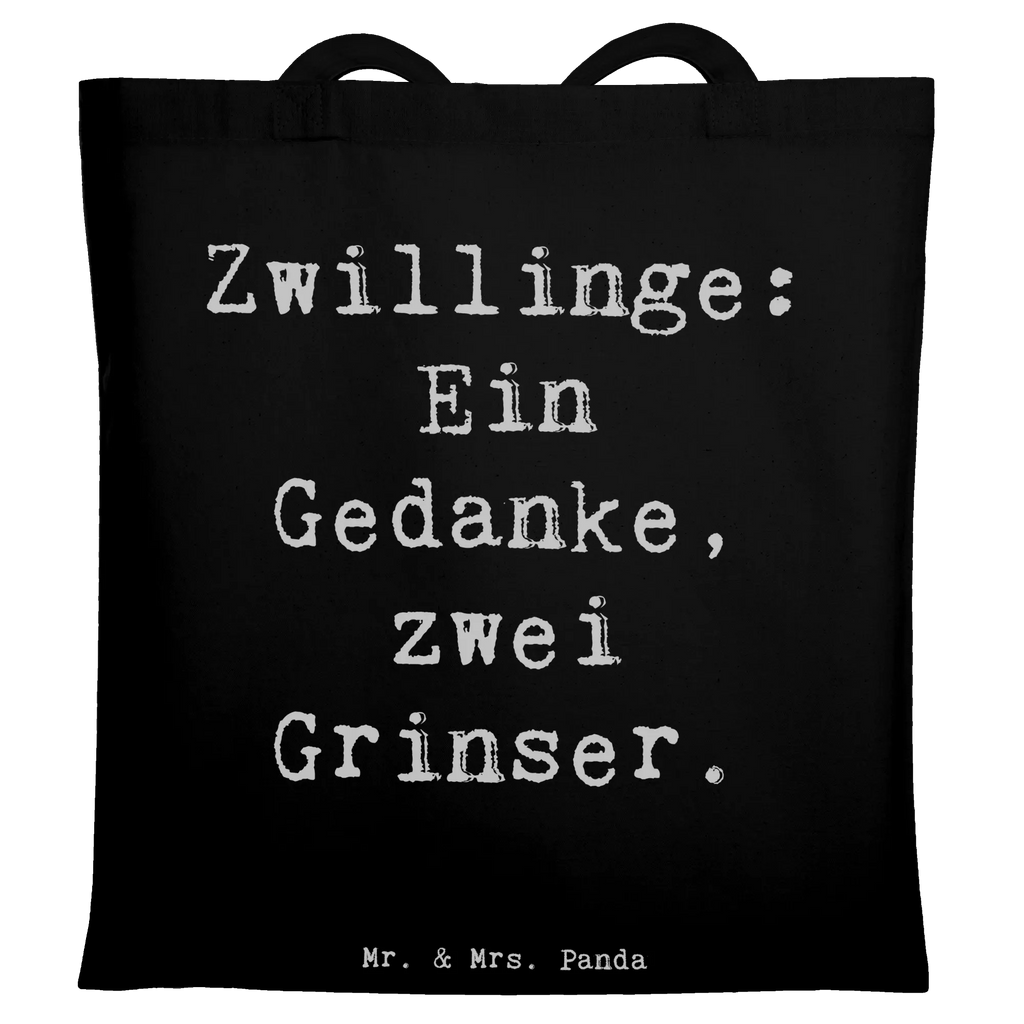 Tote bag Saying Zwillinge: Ein Gedanke, zwei Grinser. Beuteltasche, Beutel, Einkaufstasche, Jutebeutel, Stoffbeutel, Tasche, Shopper, Umhängetasche, Strandtasche, Schultertasche, Stofftasche, Tragetasche, Badetasche, Jutetasche, Einkaufstüte, Laptoptasche, Familie, Vatertag, Muttertag, Bruder, Schwester, Mama, Papa, Oma, Opa