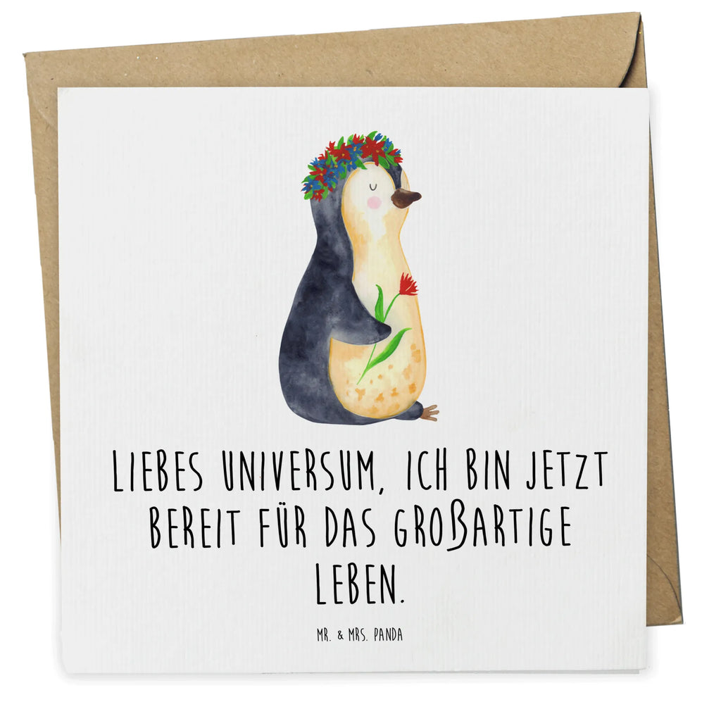 Deluxe Karte Pinguin Blumen faltkarte, anlasskarte, doppelkarte, Glückwunschkarte, Grußkarte, Klappkarte, Pinguin, Pinguine, Lebensziele, Universum, Leben, Lebenslust, Ziele, Blumenkranz, Liebeskummer, Motivation, Wünsche, Geschenkidee