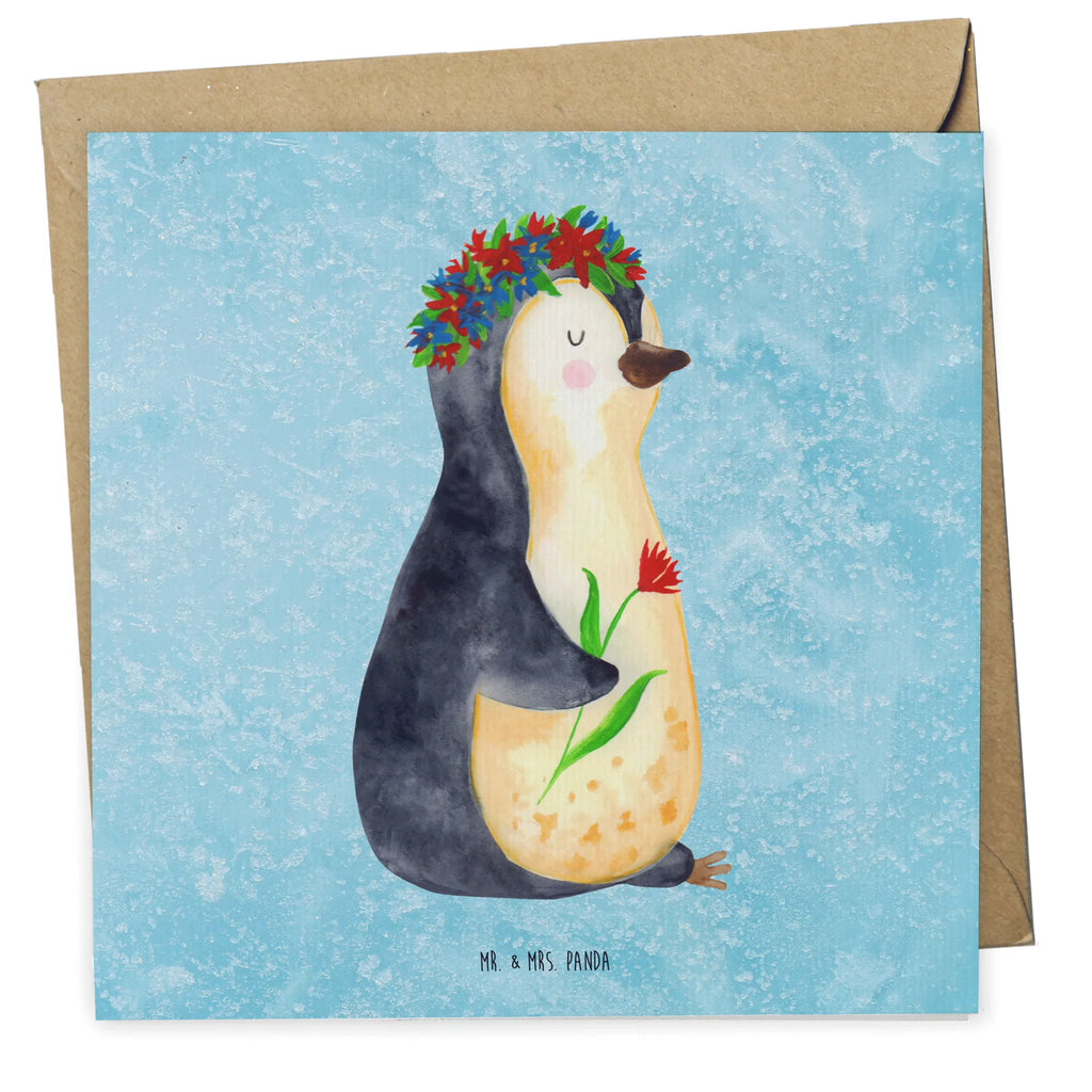 Deluxe Karte Pinguin Blumen faltkarte, anlasskarte, doppelkarte, Glückwunschkarte, Grußkarte, Klappkarte, Pinguin, Pinguine, Lebensziele, Universum, Leben, Lebenslust, Ziele, Blumenkranz, Liebeskummer, Motivation, Wünsche, Geschenkidee