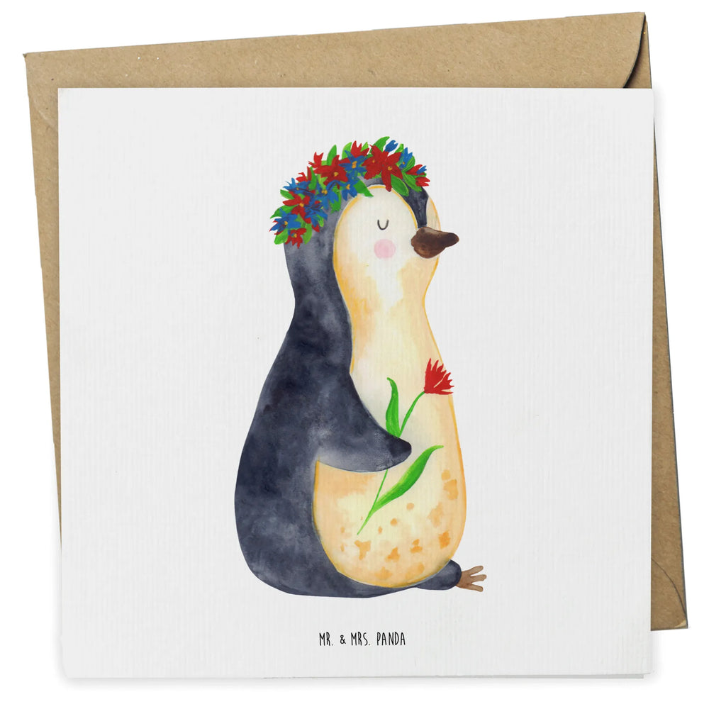 Deluxe Karte Pinguin Blumen faltkarte, anlasskarte, doppelkarte, Glückwunschkarte, Grußkarte, Klappkarte, Pinguin, Pinguine, Lebensziele, Universum, Leben, Lebenslust, Ziele, Blumenkranz, Liebeskummer, Motivation, Wünsche, Geschenkidee
