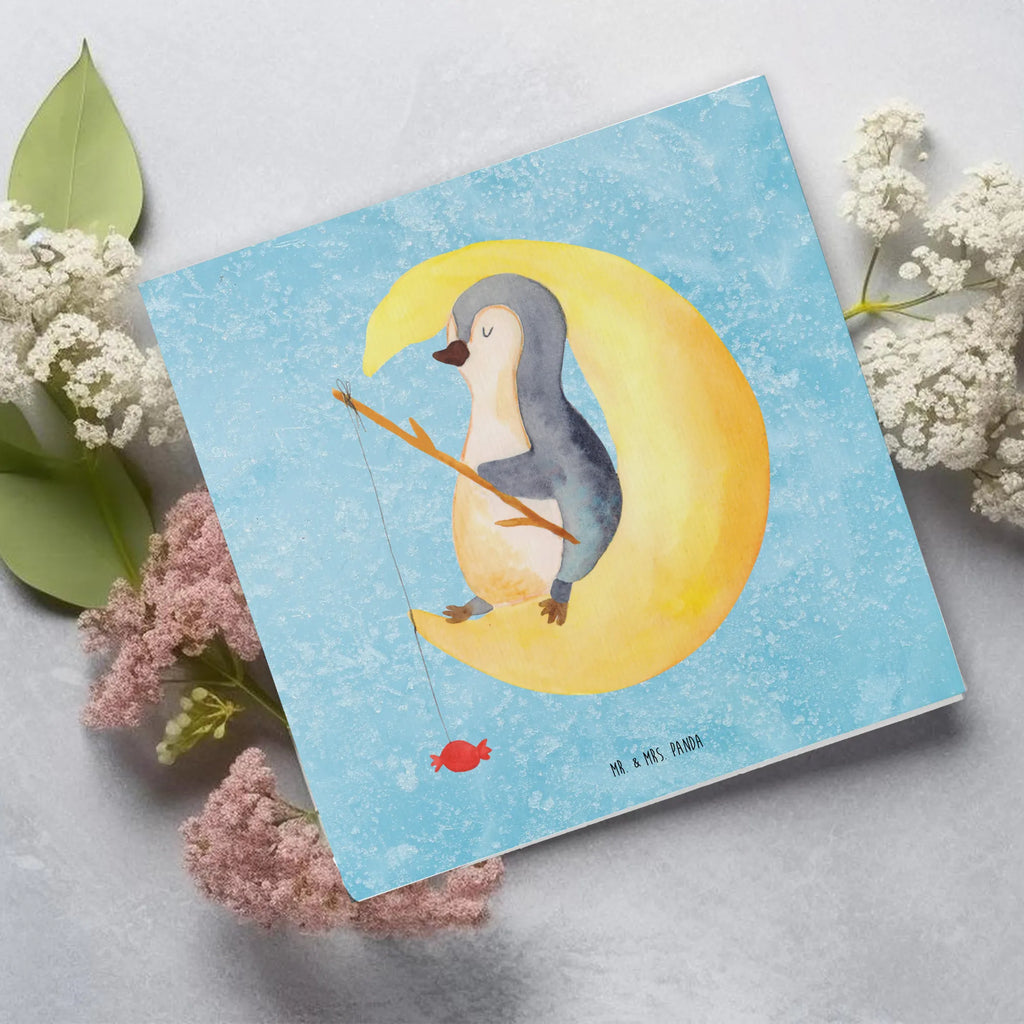 Deluxe Karte Pinguin Mond doppelkarte, Grußkarte, faltkarte, anlasskarte, Glückwunschkarte, Klappkarte, Pinguin, Gästezimmer, Pinguine, Einschlafen, schlafen, Schlafstörungen, Schlafzimmer, Spruch, Nachtruhe