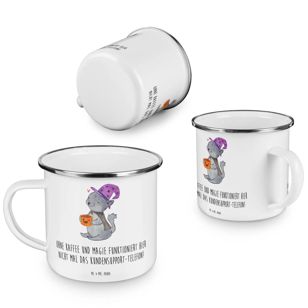 Enamel camping mug Ohne Kaffee und Magie funktioniert hier nicht mal das Kundensupport-Telefon! reisetasse, Teetasse, Kaffeetasse, Becher, Reisebecher, blechbecher, Trinkbecher, Pott, Emailletasse, Teebecher, wandertasse, Metalltasse, Campingtasse, Campingbecher, Kaffeebecher, Tasse, Blechtasse, Emaille Tasse, Emaille Becher, emaillebecher, wanderbecher, Tasse Emaille, metallbecher, becher emaille, Geschenk, Schenken, Jubiläum, Danke, Dankeschön, Beruf, Ausbildung, Abschied, Rente, Kollege, Kollegin, Arbeitskollege, Mitarbeiter, Firma