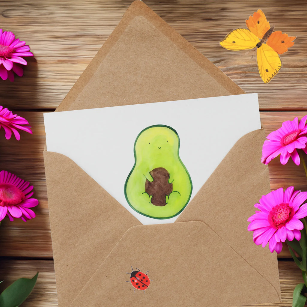 Deluxe Karte Avocado Kern Grußkarte, faltkarte, doppelkarte, Klappkarte, anlasskarte, Glückwunschkarte, Veggie, Vegan, Gesund, Avocado, Avocadokern, Pflanze, Spruch Leben, Avokado, Kern