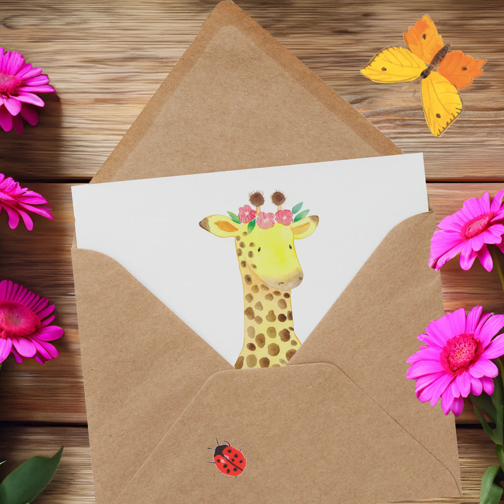 Deluxe Karte Giraffe Blumenkranz Glückwunschkarte, Karte, Grußkarte, Hochzeitskarte, Hochwertige Grußkarte, Hochwertige Klappkarte, Geburtstagskarte, Einladungskarte, Klappkarte, Afrika, Wildtiere, Selbstliebe, Giraffe, Abenteurer, Freundin, Blumenkranz