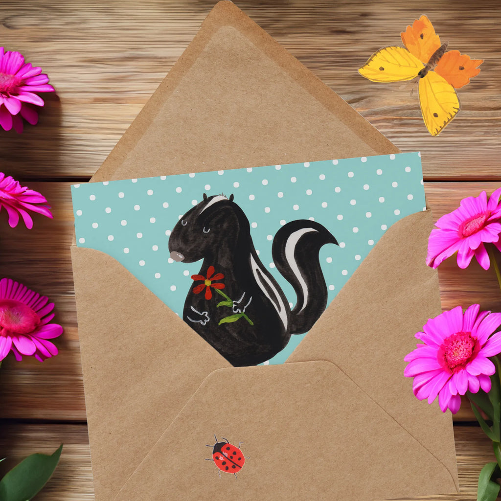 Deluxe Karte Stinktier Blume Glückwunschkarte, Grußkarte, Klappkarte, anlasskarte, faltkarte, doppelkarte, Stinktier, Skunk, Stinker, Tagträumer, Dreams, Wildtier, Träume, Stinki, Verträumt, Raubtier