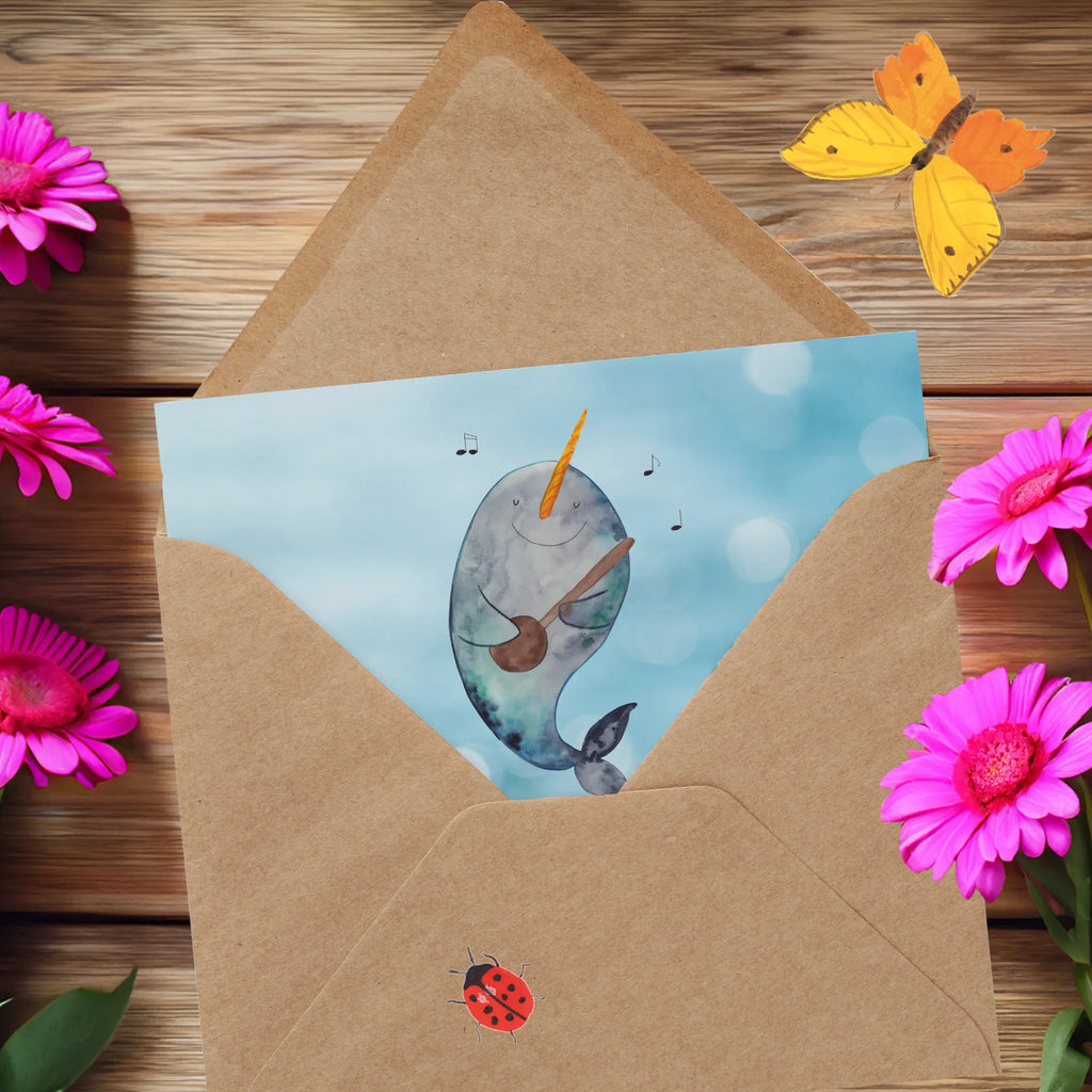 Deluxe Karte Narwal Gitarre anlasskarte, Glückwunschkarte, Klappkarte, doppelkarte, Grußkarte, faltkarte, Urlaub, Meerestiere, Meer, Wal, Tanzen, Probleme, Problemlösung, Gespräche, Narwal, Gitarre, Frust