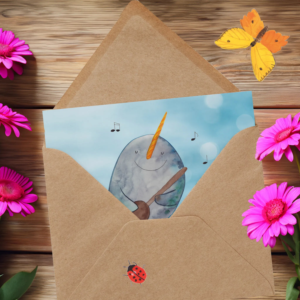 Deluxe Karte Narwal Gitarre anlasskarte, Glückwunschkarte, Klappkarte, doppelkarte, Grußkarte, faltkarte, Urlaub, Meerestiere, Meer, Wal, Tanzen, Probleme, Problemlösung, Gespräche, Narwal, Gitarre, Frust