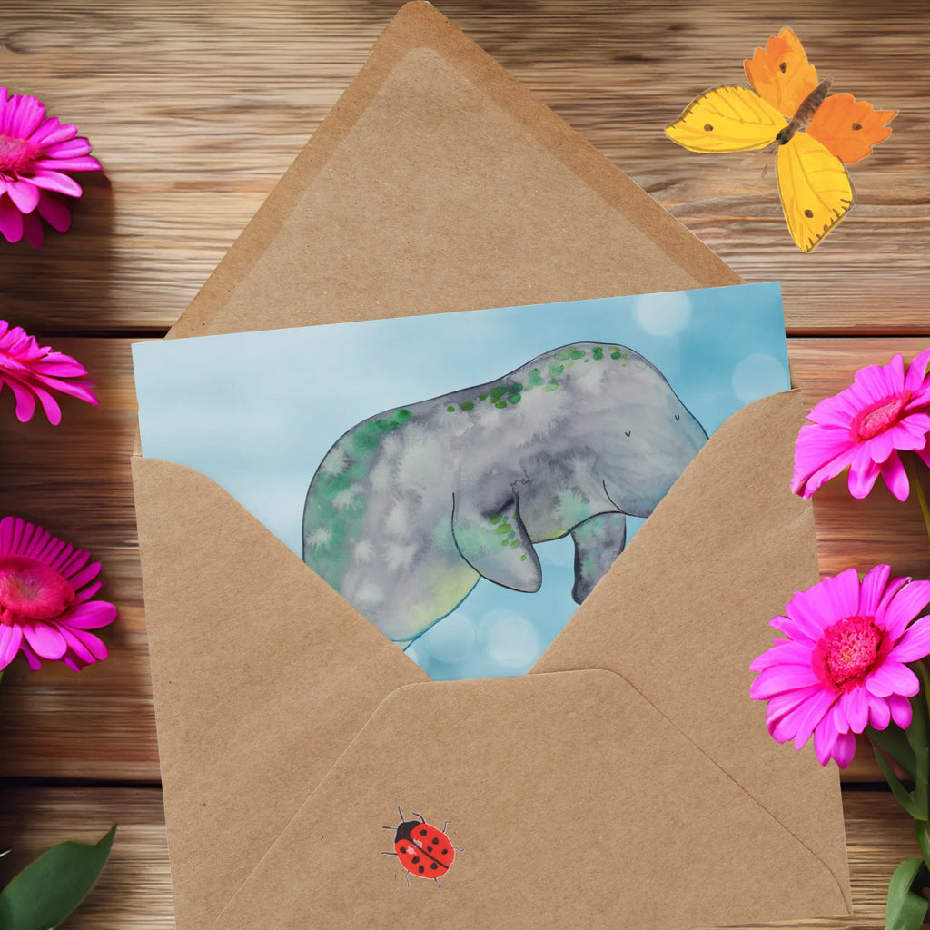 Deluxe Karte Seekuh Chillen anlasskarte, Grußkarte, doppelkarte, Klappkarte, faltkarte, Glückwunschkarte, Urlaub, Meerestiere, Meer, Diät, Seekuh, Abnehmen, Diätwahn, Zucker, Süßigkeiten, Essen, Seekühe