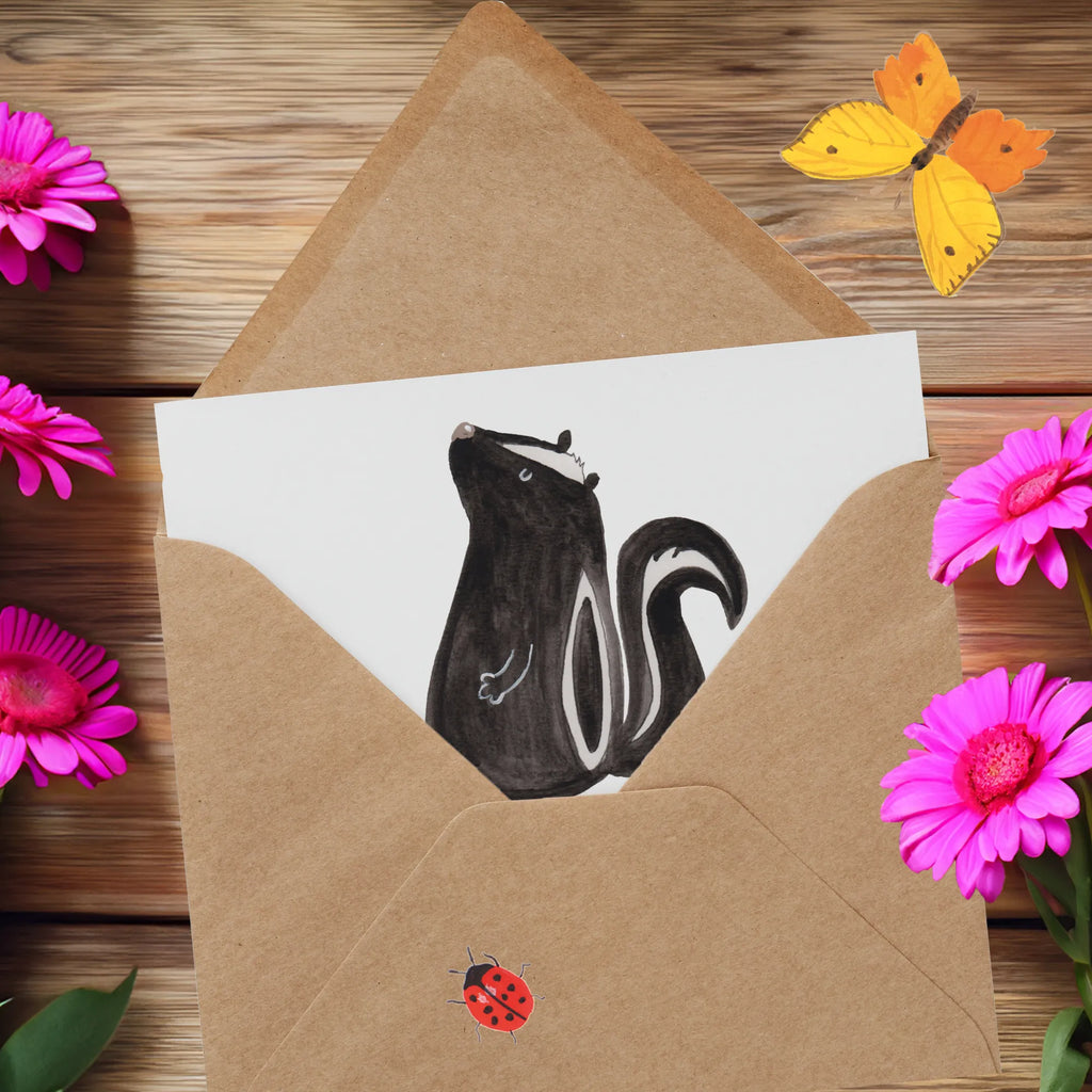 Deluxe Karte Stinktier Sitzen Grußkarte, doppelkarte, anlasskarte, Glückwunschkarte, faltkarte, Klappkarte, Stinktier, Skunk, Büro, Stinker, Wildtier, Recht, Stinki, Spruch, Raubtier, Besserwisser