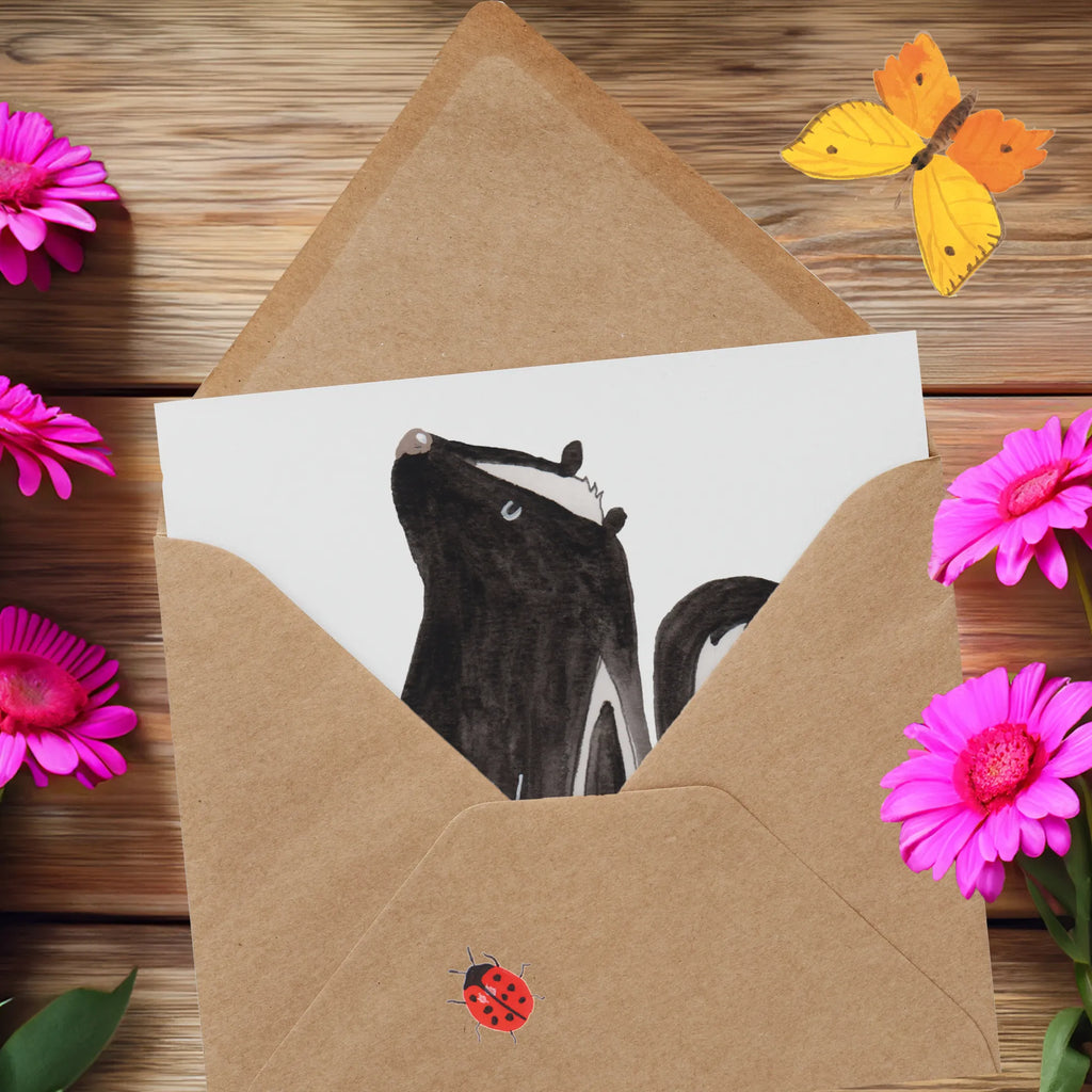 Deluxe Karte Stinktier Sitzen Grußkarte, doppelkarte, anlasskarte, Glückwunschkarte, faltkarte, Klappkarte, Stinktier, Skunk, Büro, Stinker, Wildtier, Recht, Stinki, Spruch, Raubtier, Besserwisser