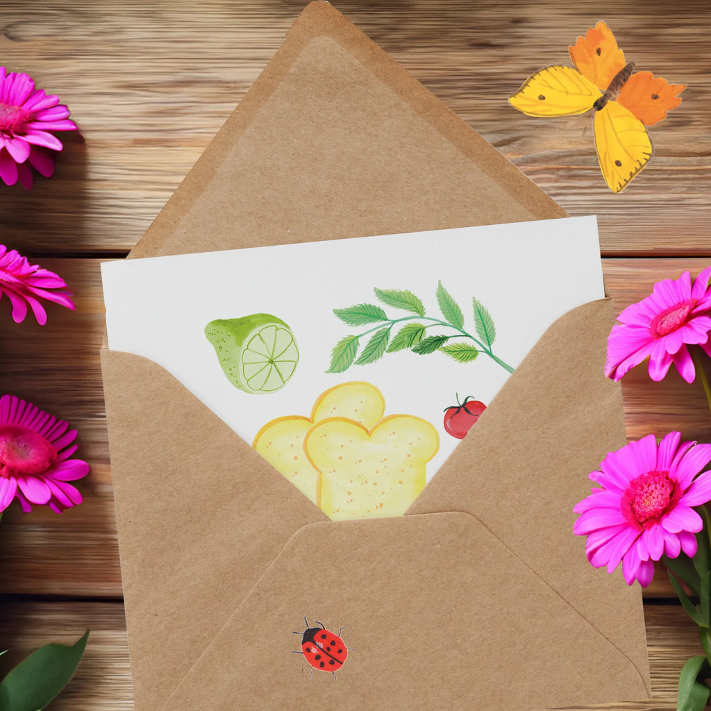 Deluxe Card Kitchen Magic Design Grußkarte, faltkarte, Klappkarte, anlasskarte, doppelkarte, Glückwunschkarte, Aquarell, Limette, Kräuter, Muster, Toastbrot, Tomaten, Küche, Küchenmuster, Kochen, Küchenliebe