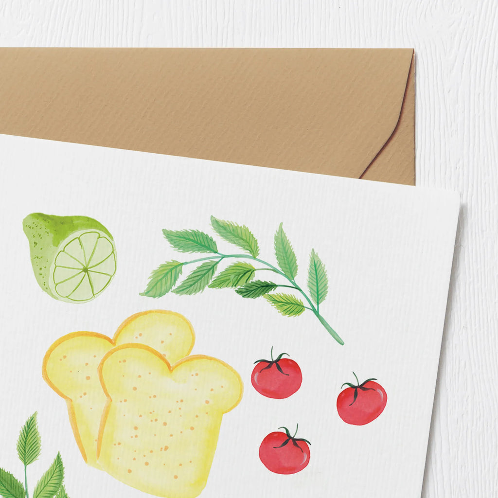Deluxe Card Kitchen Magic Design Grußkarte, faltkarte, Klappkarte, anlasskarte, doppelkarte, Glückwunschkarte, Aquarell, Limette, Kräuter, Muster, Toastbrot, Tomaten, Küche, Küchenmuster, Kochen, Küchenliebe