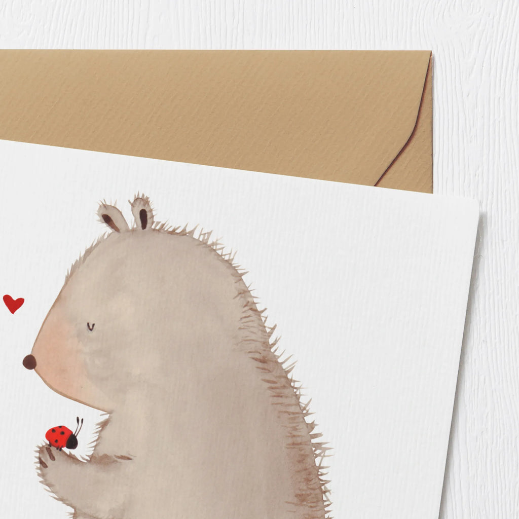 Deluxe Karte Bär Marienkäfer Glückwunschkarte, Hochwertige Klappkarte, Karte, Hochzeitskarte, Geburtstagskarte, Grußkarte, Einladungskarte, Hochwertige Grußkarte, Klappkarte, Bär, Teddy, Teddybär, Liebe, Freiheit, Das Leben ist schön, Marienkäfer, Motivation
