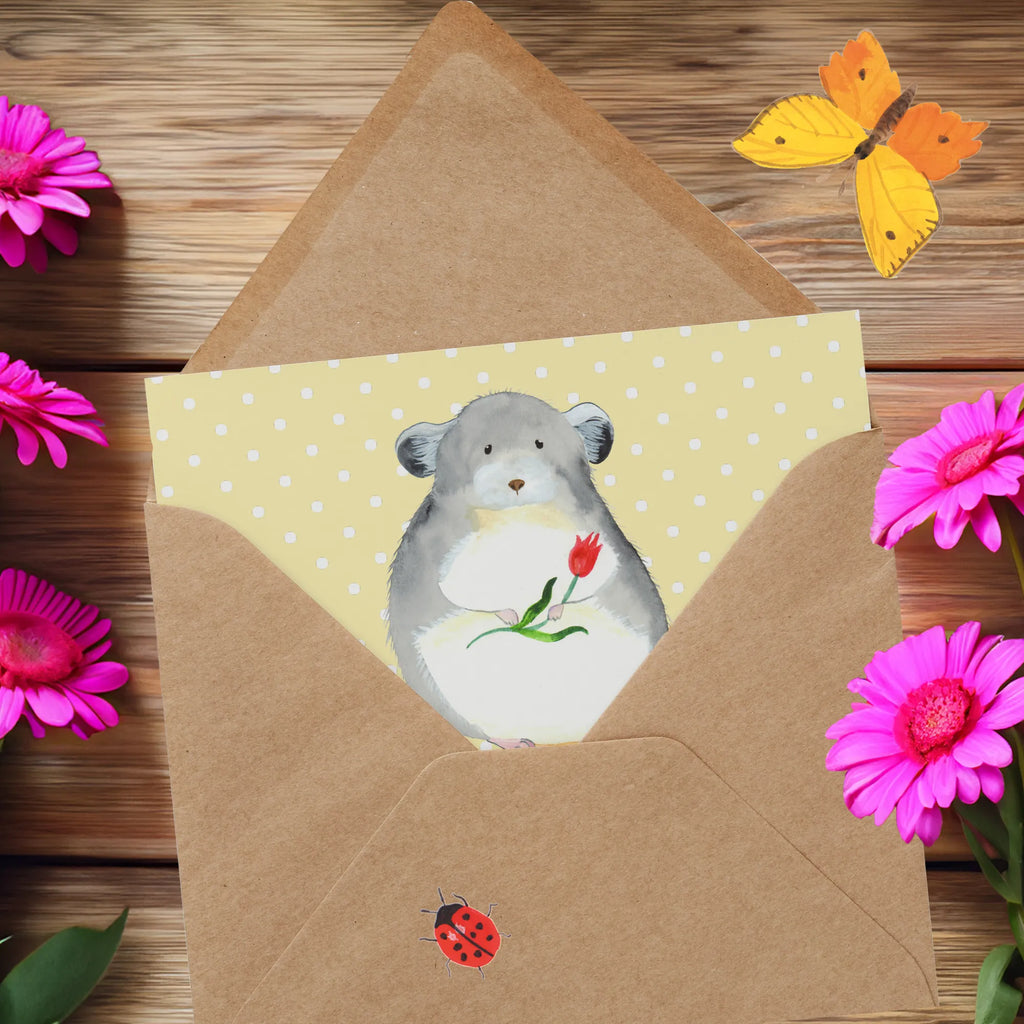 Deluxe Karte Chinchilla Blume Klappkarte, Hochwertige Klappkarte, Karte, Geburtstagskarte, Hochzeitskarte, Grußkarte, Glückwunschkarte, Einladungskarte, Hochwertige Grußkarte, Tiermotive, Gute Laune, lustige Sprüche, Tiere, Liebeskummer, Büroalltag, Chinchilla, Chaos, Glücklichsein, traurig sein, Chinchillas, Depressionen, Kummer, Büro