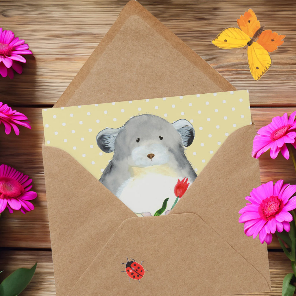 Deluxe Karte Chinchilla Blume Klappkarte, Hochwertige Klappkarte, Karte, Geburtstagskarte, Hochzeitskarte, Grußkarte, Glückwunschkarte, Einladungskarte, Hochwertige Grußkarte, Tiermotive, Gute Laune, lustige Sprüche, Tiere, Liebeskummer, Büroalltag, Chinchilla, Chaos, Glücklichsein, traurig sein, Chinchillas, Depressionen, Kummer, Büro