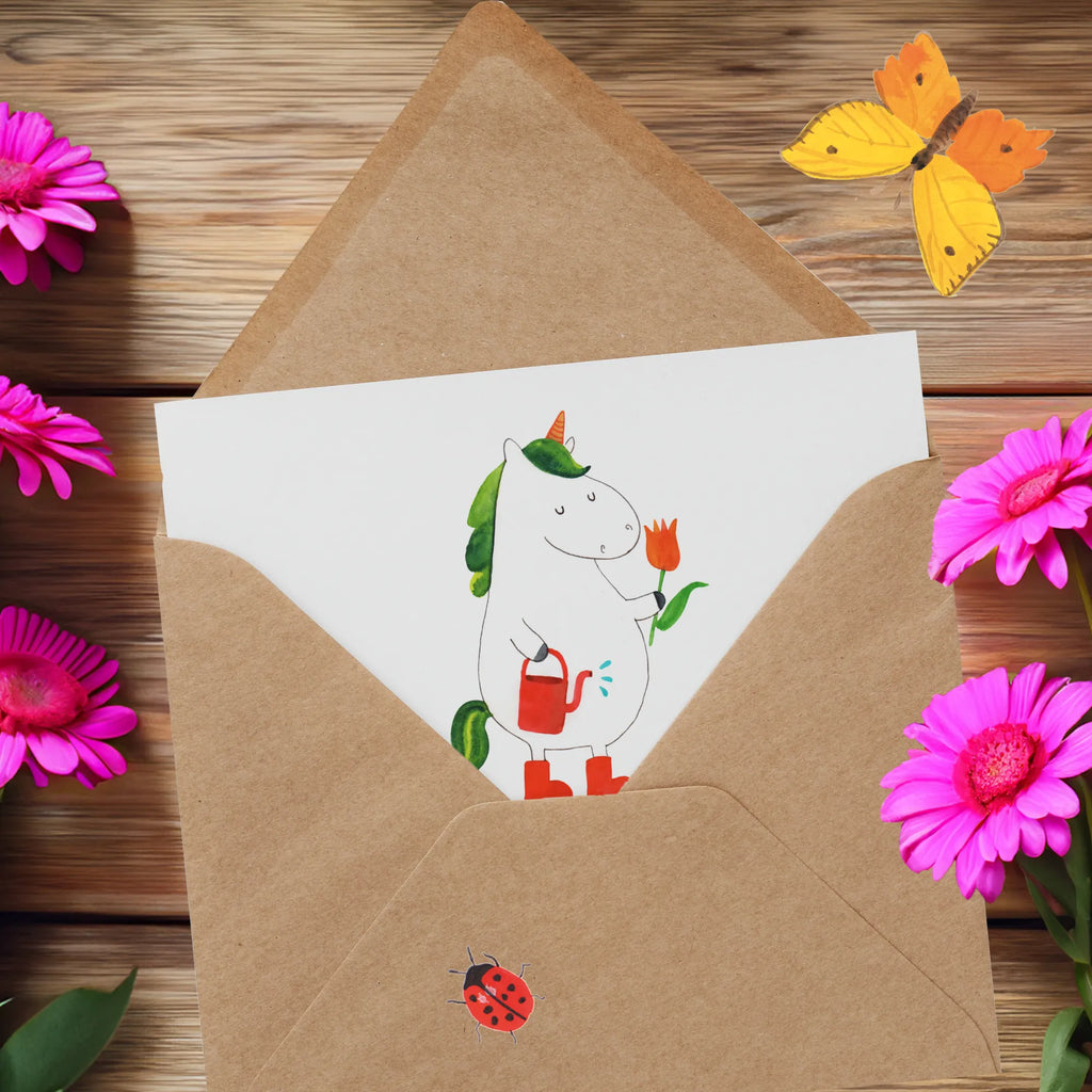 Deluxe Karte Einhorn Gärtner Klappkarte, Karte, Glückwunschkarte, Geburtstagskarte, Hochwertige Klappkarte, Hochzeitskarte, Hochwertige Grußkarte, Grußkarte, Einladungskarte, Einhorn, Einhörner, Einhorn Deko, Unicorn, Luftballon, Freude, Blume, Giesskanne, Stiefel, Lebenslust, Garten, Freundin, Gießkanne