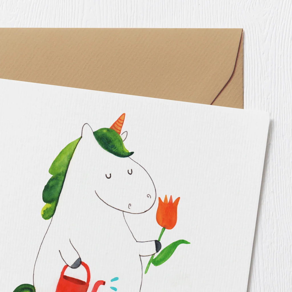 Deluxe Karte Einhorn Gärtner Klappkarte, Karte, Glückwunschkarte, Geburtstagskarte, Hochwertige Klappkarte, Hochzeitskarte, Hochwertige Grußkarte, Grußkarte, Einladungskarte, Einhorn, Einhörner, Einhorn Deko, Unicorn, Luftballon, Freude, Blume, Giesskanne, Stiefel, Lebenslust, Garten, Freundin, Gießkanne