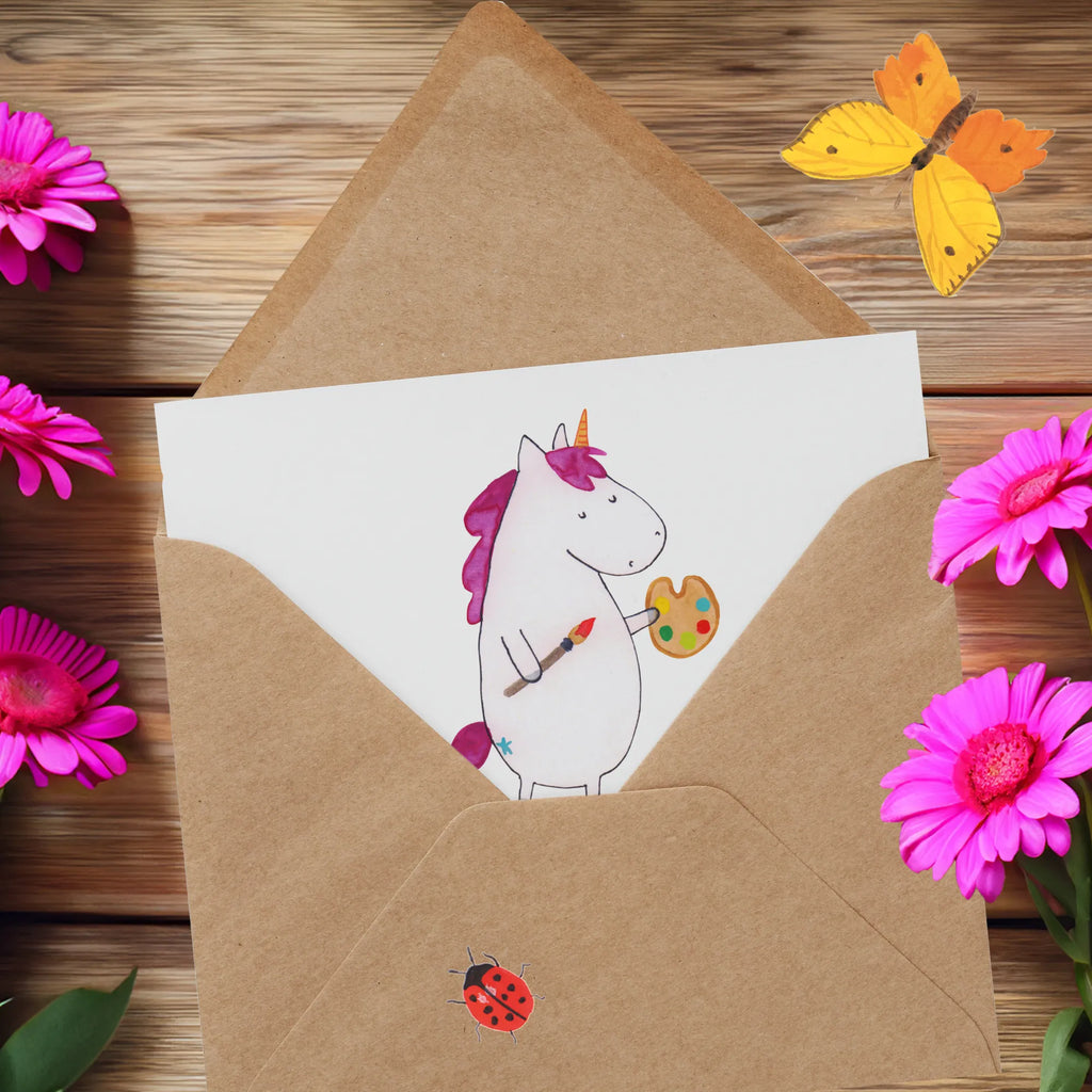 Deluxe Karte Einhorn Künstler Grußkarte, Glückwunschkarte, Geburtstagskarte, Karte, Hochwertige Grußkarte, Hochwertige Klappkarte, Einladungskarte, Hochzeitskarte, Klappkarte, Einhorn, Einhörner, Einhorn Deko, Unicorn, Stift, Geschenk, Künstler, Artist, Maler, Welt, Farbe, Malen, Pinsel, Zeichnen, Englisch