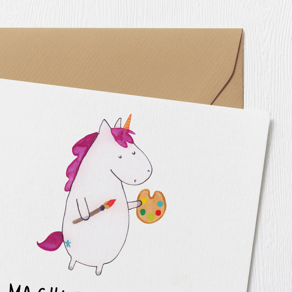Deluxe Karte Einhorn Künstler Grußkarte, Glückwunschkarte, Geburtstagskarte, Karte, Hochwertige Grußkarte, Hochwertige Klappkarte, Einladungskarte, Hochzeitskarte, Klappkarte, Einhorn, Einhörner, Einhorn Deko, Unicorn, Stift, Geschenk, Künstler, Artist, Maler, Welt, Farbe, Malen, Pinsel, Zeichnen, Englisch