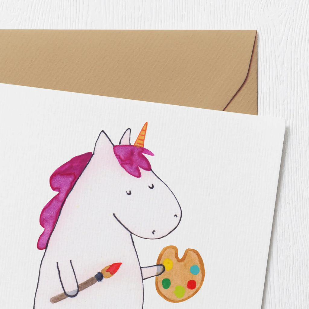Deluxe Karte Einhorn Künstler Grußkarte, Glückwunschkarte, Geburtstagskarte, Karte, Hochwertige Grußkarte, Hochwertige Klappkarte, Einladungskarte, Hochzeitskarte, Klappkarte, Einhorn, Einhörner, Einhorn Deko, Unicorn, Stift, Geschenk, Künstler, Artist, Maler, Welt, Farbe, Malen, Pinsel, Zeichnen, Englisch