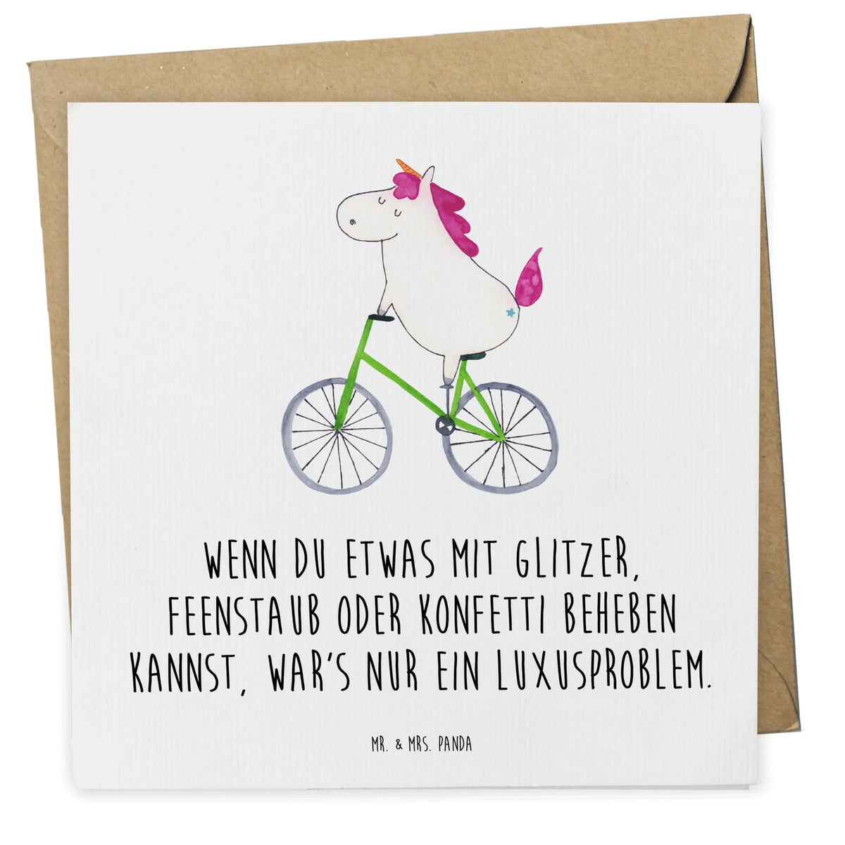 Deluxe Karte Einhorn Radfahrer doppelkarte, Grußkarte, Glückwunschkarte, Klappkarte, faltkarte, anlasskarte, Unicorn, Einhorn, Einhörner, Einhorn Deko, Radfahren, Konfetti, Feenstaub, Luxusproblem, Bike, Radfahrer, Rad, Kummer, Liebeskummer