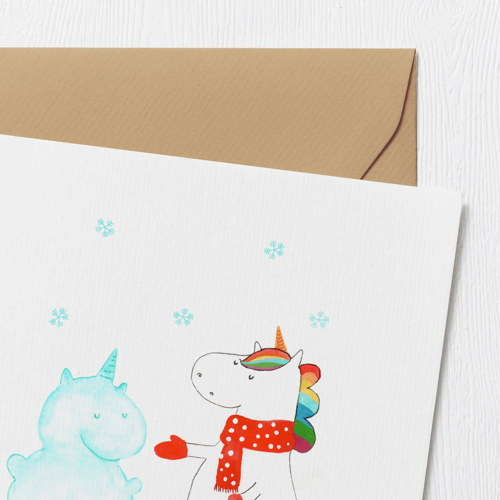 Deluxe Card unicorn snowman Glückwunschkarte, Klappkarte, Hochwertige Klappkarte, Hochwertige Grußkarte, Grußkarte, Karte, Hochzeitskarte, Geburtstagskarte, Einladungskarte, Einhorn, Einhörner, Einhorn Deko, Unicorn, Kuchen, X-Mas, Schnee, Handschuhe, Schneemann, Mütze, Weihnachten, kalt, Winter