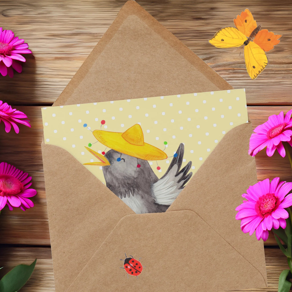 Deluxe Karte Rabe Sombrero Einladungskarte, Hochwertige Klappkarte, Karte, Klappkarte, Grußkarte, Hochwertige Grußkarte, Glückwunschkarte, Hochzeitskarte, Geburtstagskarte, Tiermotive, Gute Laune, lustige Sprüche, Tiere, Spruch positiv, Motivation, froh, Vögel, Vogel, Elster, Rabe, fröhlich sein, glücklich sein, Glück Spruch
