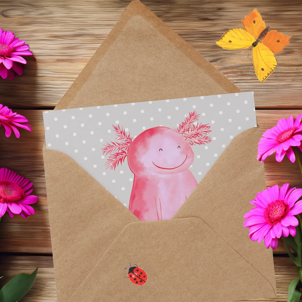 Deluxe Karte Axolotl Glücklich Einladungskarte, Glückwunschkarte, Karte, Klappkarte, Hochwertige Klappkarte, Grußkarte, Geburtstagskarte, Hochzeitskarte, Hochwertige Grußkarte, Axolotl, Molch, Axolot, Schwanzlurch, Motivation, Lurche, Lurch, gute Laune