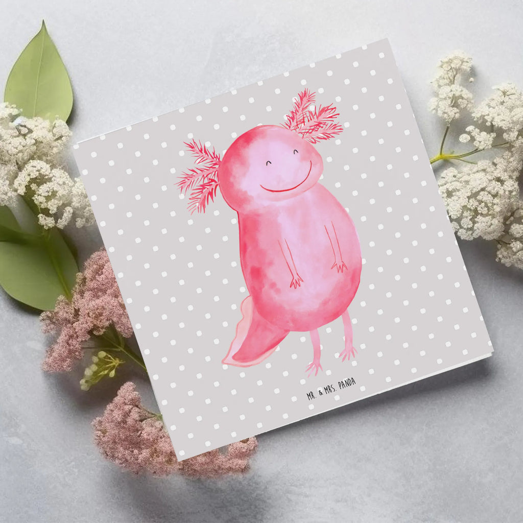 Deluxe Karte Axolotl Glücklich Einladungskarte, Glückwunschkarte, Karte, Klappkarte, Hochwertige Klappkarte, Grußkarte, Geburtstagskarte, Hochzeitskarte, Hochwertige Grußkarte, Axolotl, Molch, Axolot, Schwanzlurch, Motivation, Lurche, Lurch, gute Laune