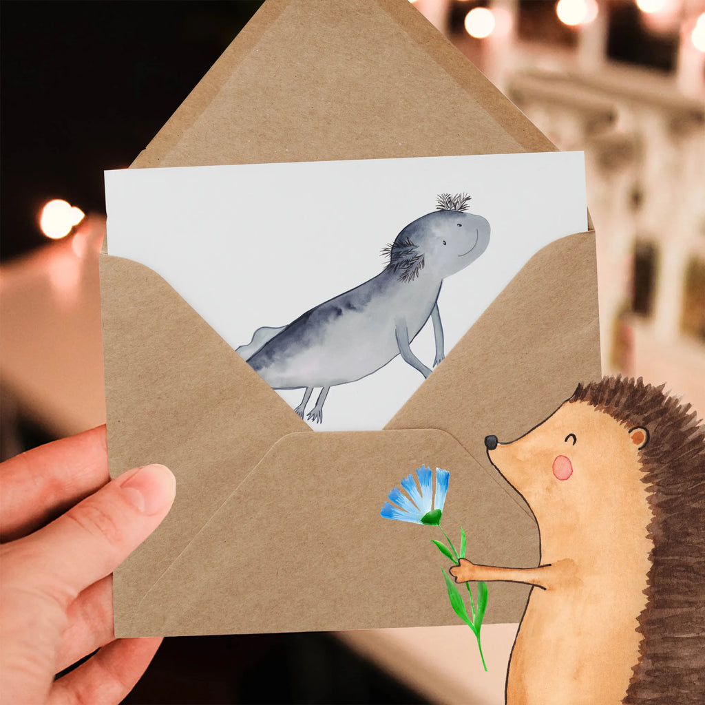 Deluxe Karte Axolotl Schwimmen Karte, Einladungskarte, Geburtstagskarte, Glückwunschkarte, Hochwertige Klappkarte, Grußkarte, Hochwertige Grußkarte, Hochzeitskarte, Klappkarte, Axolotl, Molch, Lurch, Probleme, Lurche, Axolot, Lösungen, Motivation, Problem, Schwanzlurch